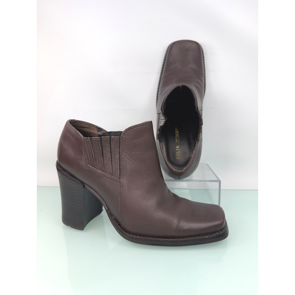 Colin Stuart Ankle Boots 6.5 Brown‎ Leather Square Toe Block Heel 90s clean girl